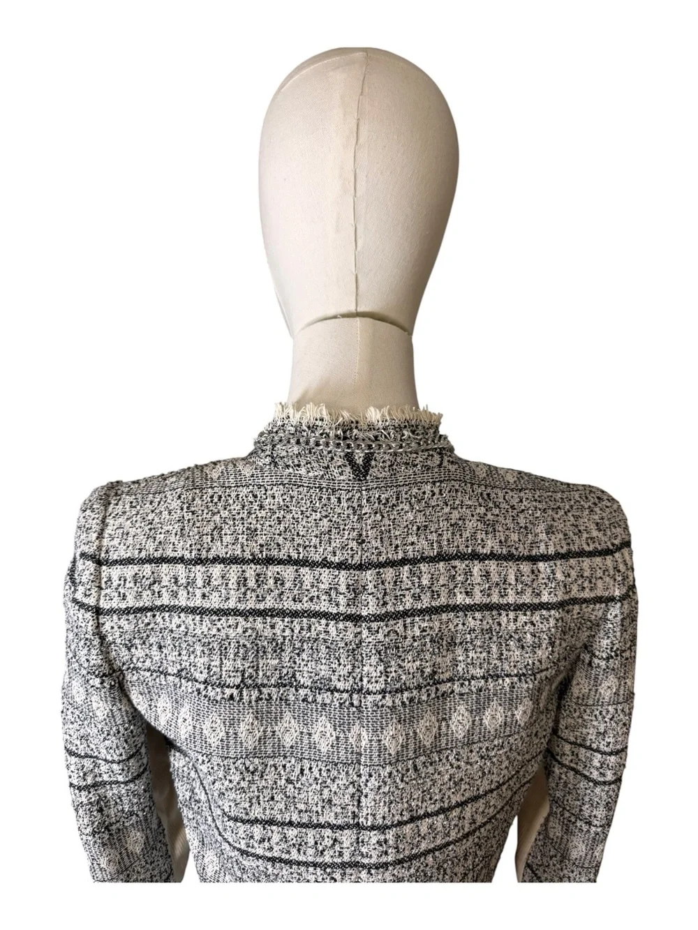 Rebecca Taylor Black White Tweed Chain Trim Raw Fringe Peplum Blazer Jacket S